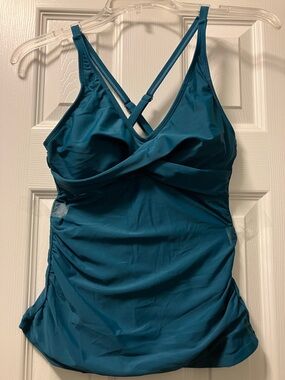Teal Ruched Cross-Back Swim Tankini Top